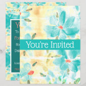 ターコイズブルーの結婚前お茶会招待状 (正面/裏面)