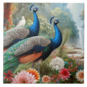 ターコイズブルーの美しい孔雀のペア エレガント セラミック タイル (正面)