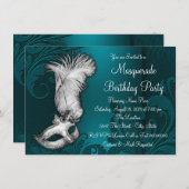 ターコイズブルーの羽根のマスク仮面パーティー 招待状 (正面/裏面)