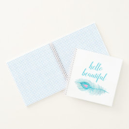 ターコイズブルーの羽根 ハートと"hello beautiful" ノートブック