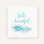 ターコイズブルーの羽根 ハートと"hello beautiful" ノートブック (正面)