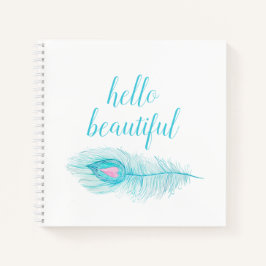 ターコイズブルーの羽根 ハートと"hello beautiful" ノートブック