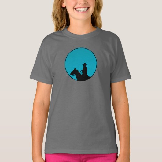 ターコイズブルーの背景にカウボーイのシルエット Tシャツ (正面)