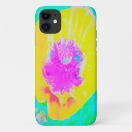 ターコイズブルーの背景にホットピンクの中心を持つ黄色のポピー iPhone 11 ケース