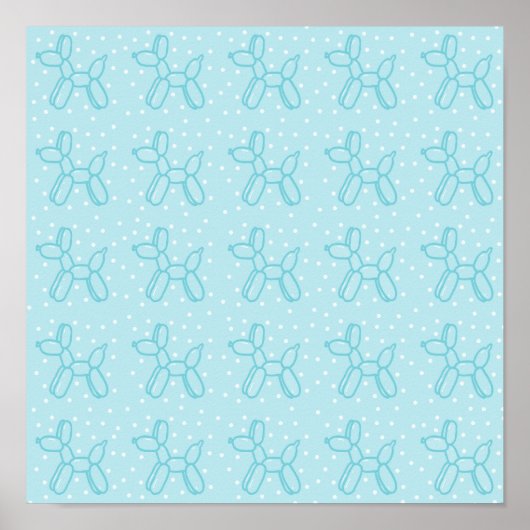 ターコイズブルーの背景に水色のポルカドットが入ったターコイズブルーの風船の犬 ポスター (正面)