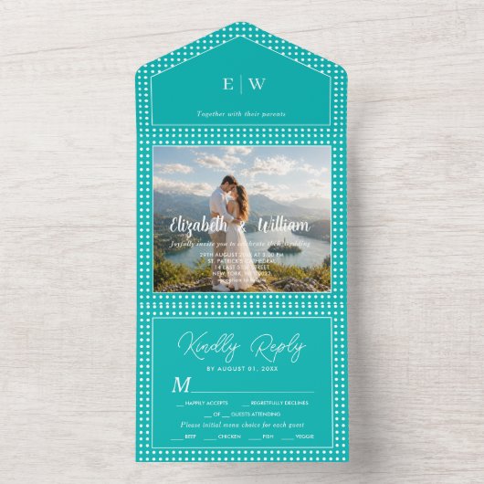 ターコイズブルーの背景に白い水玉 - オーダーメイドの結婚式 オールインワン招待状 (内側)
