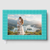 ターコイズブルーの背景に白い水玉 - オーダーメイドの結婚式 ゲストブック (正面)