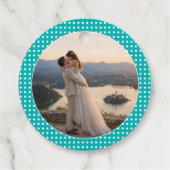 ターコイズブルーの背景に白い水玉 - オーダーメイド ウェディング フェイバータグ (裏面)