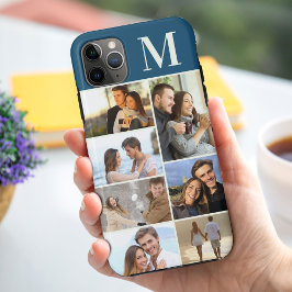 ターコイズブルーの背景のモノグラム入り7枚フォトコラージュ iPhone 11 PRO MAXケース