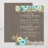 ターコイズブルーの花とレースの組み合わせた、素朴な雰囲気のBBQウェディングパーティ会場 招待状 (正面/裏面)