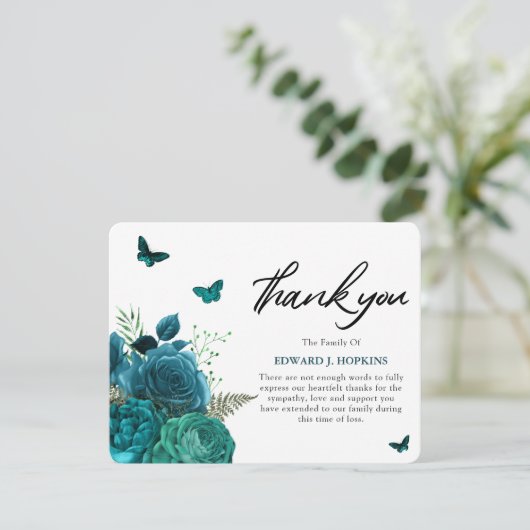 ターコイズブルーの花と蝶の葬儀 サンキューカード (スタンド正面)