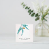 ターコイズブルーの葉の水彩画のモダンなパーソナルスタイリスト スクエア名刺 (スタンド正面)