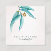 ターコイズブルーの葉の水彩画のモダンなパーソナルスタイリスト スクエア名刺 (正面)