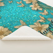 ターコイズブルーの蝶の偽の金グリッターカスタムネーム シェルパブランケット (3/4)