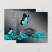 ターコイズブルーの蝶の卒業発表 招待状 (正面/裏面)