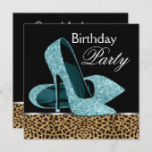 ターコイズブルーの豹柄ハイヒールで誕生日パーティー 招待状 (正面/裏面)