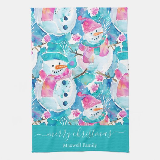 ターコイズブルーの雪だるまのクリスマス キッチンタオル (縦)