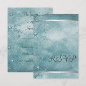 ターコイズブルーの雪の結晶がデザインされたクリスマス パーティーの出欠確認（RSVP）カード 招待状 (正面/裏面)