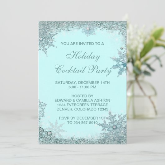 ターコイズブルーの雪の結晶クリスマスパーティー 招待状 (スタンド正面)