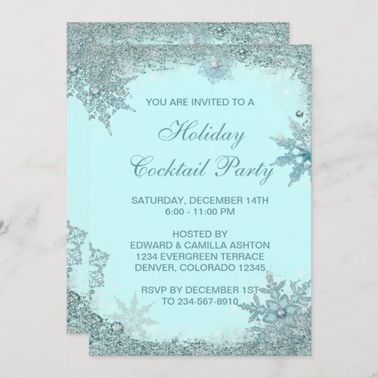 ターコイズブルーの雪の結晶クリスマスパーティー 招待状 (正面/裏面)