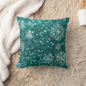 ターコイズブルーの雪の結晶グリッタークリスマス クッション (ブランケット)