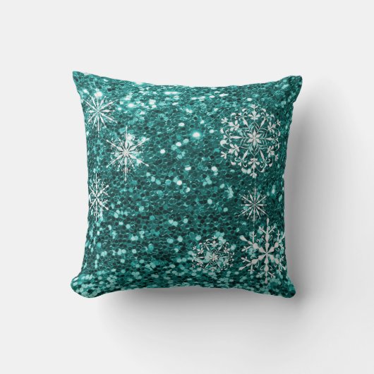 ターコイズブルーの雪の結晶グリッタークリスマス クッション (正面)