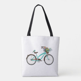 ターコイズブルーの鳥と花かごの自転車 トートバッグ