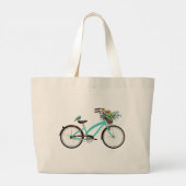 ターコイズブルーの鳥と花かごの自転車 ラージトートバッグ (裏面)