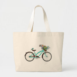 ターコイズブルーの鳥と花かごの自転車 ラージトートバッグ