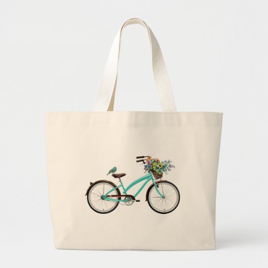 ターコイズブルーの鳥と花かごの自転車 ラージトートバッグ (正面)