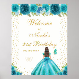 ターコイズブルーの黒髪の女の子の誕生日パーティーウェルカム ポスター