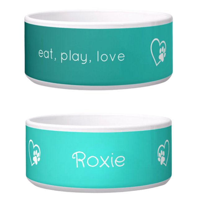 ターコイズブルーの「eat, play, love」犬の名前入りボウル ボウル (クリエイターアップロード済み)