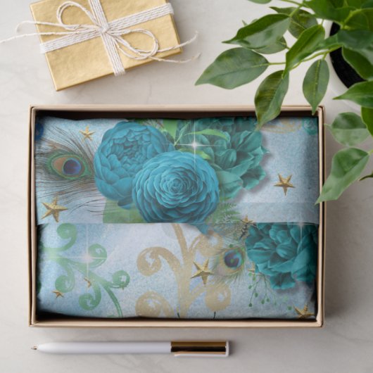 ターコイズブルーアクアピーコックデクページティッシュペーパー 薄葉紙 (ギフト)