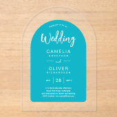 ターコイズブルーアーチアクリル婚礼モダン誘 アクリル招待状 (正面)