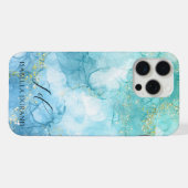 ターコイズブルーウォーターカラーインクグリッターカスタマイズ iPhoneケース (裏面横)