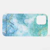 ターコイズブルーウォーターカラーインクグリッターカスタマイズ iPhoneケース (裏面横)