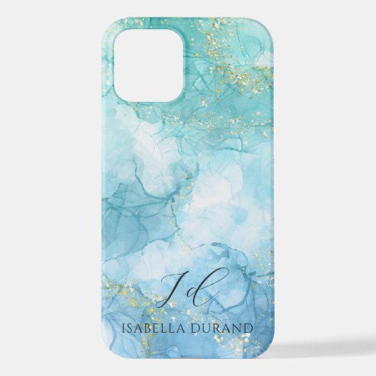 ターコイズブルーウォーターカラーインクグリッターカスタマイズ iPhoneケース (裏面)