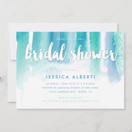 ターコイズブルーウォーターカラーブライダルシャワー 招待状 (正面)