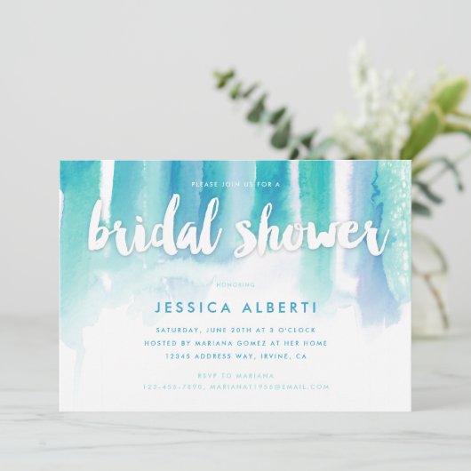 ターコイズブルーウォーターカラーブライダルシャワー 招待状 (スタンド正面)