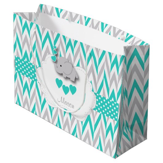 ターコイズブルーエレファントデザイン-男の赤ちゃんシャワー ラージペーパーバッグ (裏面アングル)
