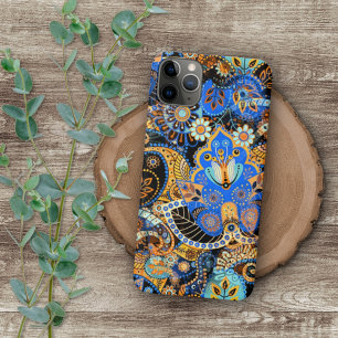 ターコイズブルーオレンジブラックペイズリーフローラアート iPhone 11 PRO MAXケース