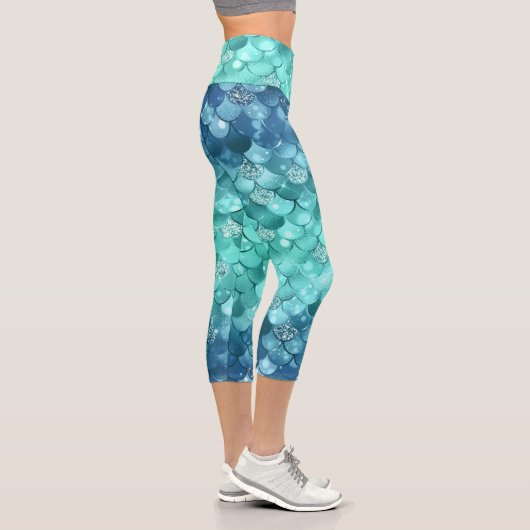 ターコイズブルーガーリーマーメイドグリッタースケールパターン カプリレギンス (右)