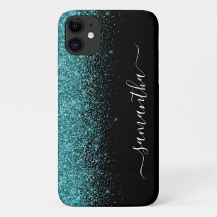 ターコイズブルーグリッターオンブレ手書きカスタムネーム iPhone 11 ケース
