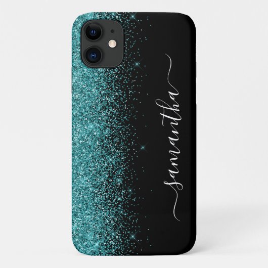 ターコイズブルーグリッターオンブレ手書きカスタムネーム Case-Mate iPhoneケース (裏面)