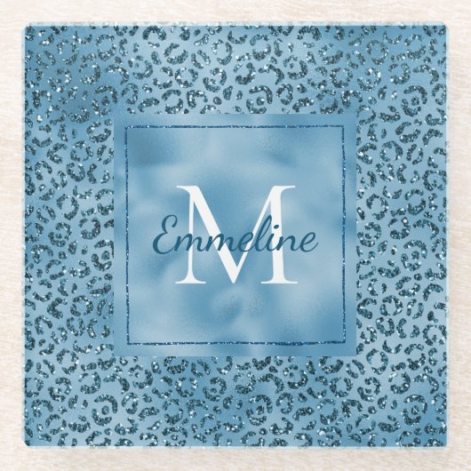 ターコイズブルーグリッターレオパードプリントモノグラム     ガラスコースター (正面)