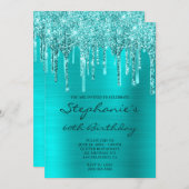 ターコイズブルーグリッター箔 drip 60歳の誕生日 招待状 (正面/裏面)