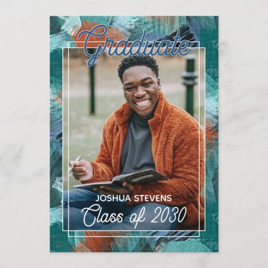 ターコイズブルーグリーンアブストラクト卒業発表 案内状 (正面)