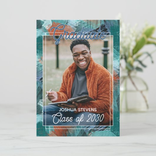 ターコイズブルーグリーンアブストラクト卒業発表 案内状 (スタンド正面)