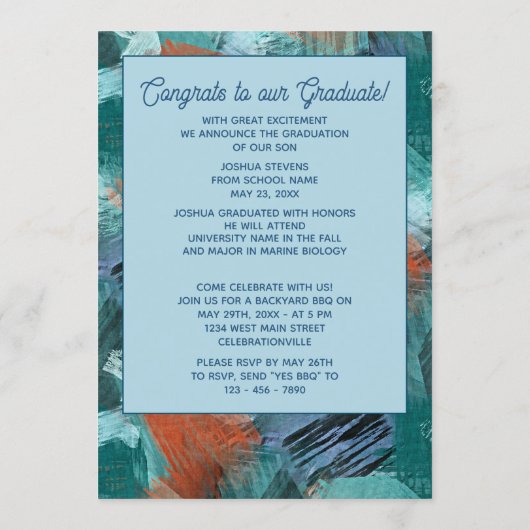 ターコイズブルーグリーンアブストラクト卒業発表 案内状 (裏面)