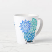 ターコイズブルーグリーンカラフルフローラマンダラ カフェラテマグ (右アングル)